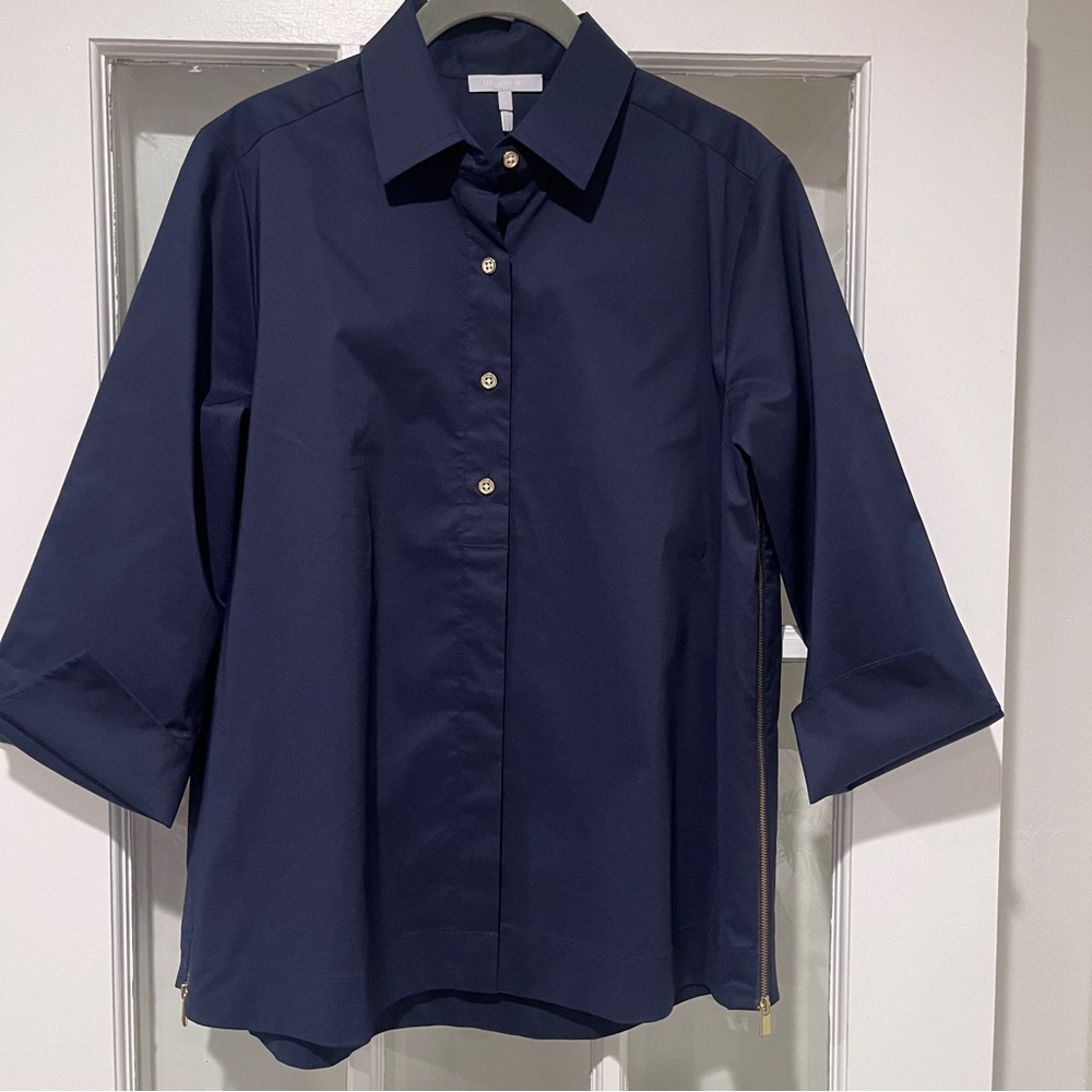 Hinson Wu Savannah Shirt Blouse Side Zippers French Cuff 3/4 Sleeves Navy Sz S